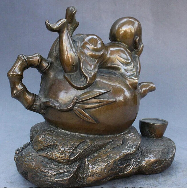 yy ymy 101++++8'' Marked Chinese Buddhism Temple Bronze Bonze Bamboo Tea Pot Flagon Cup Statue | Дом и сад