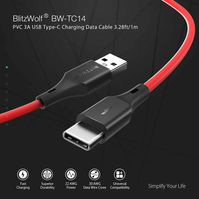 Кабель для зарядки и передачи данных BlitzWolf 2 в 1 3 А USB Type-C фута/0 9 м зарядное