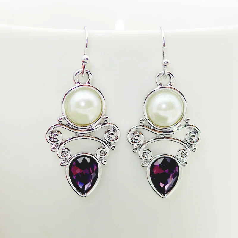 Tisonliz Purple Crystal Silver Long Dangle Earrings for Women Wedding Brincos Vintage Engagement Drop Earring Gifts Jewelry | Украшения и