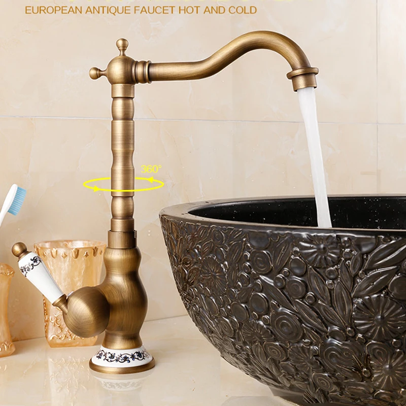 

Antique Basin Vanity Sink Faucet Rotate Spout Deck Mount Hot Cold Mixer Water Tap Ceramic Handle Bathroom Kitchen Crane Cock