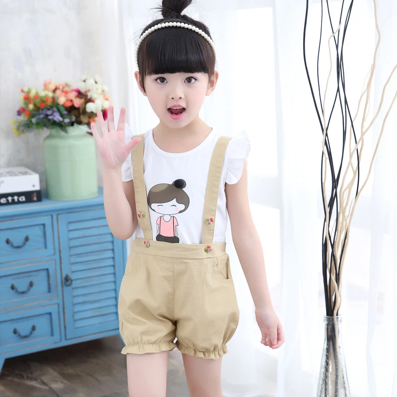 2018 Khaki Pink Girls Sets Cotton T-shirt + Overalls 2 Piece Set Child Clothes Costume Short Sleeves Girl Baby Kids Suits 5cs443 | Детская