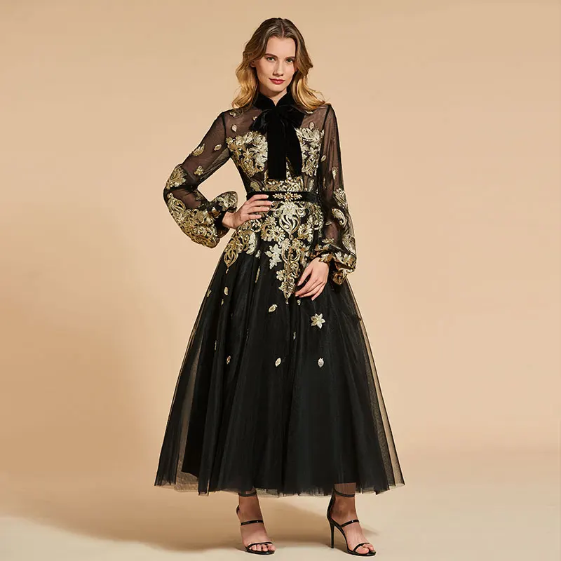 

Tanpell vintage evening dress high neck appliques long sleeves ankle-length a line women prom custom formal evening dresses