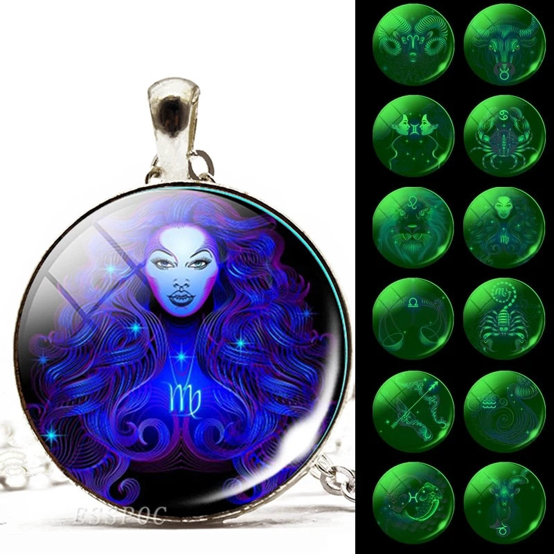 Светящиеся 12 зодиака знаки ожерелья светится в темноте стеклянный кабошон