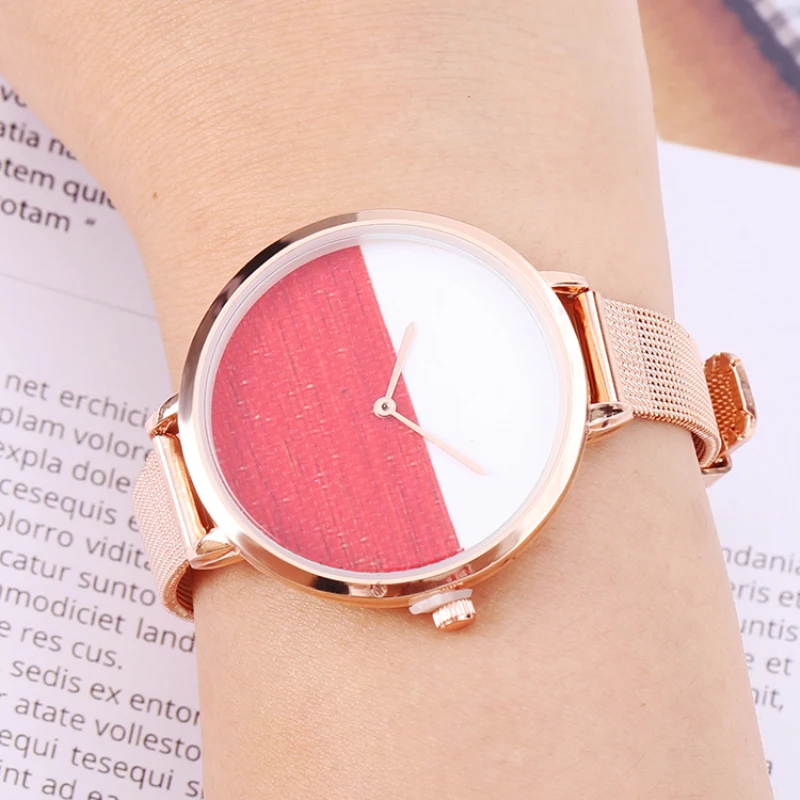 

Two-color Dial Design Watches Women Rose Gold Stainless Steel Mesh Watch Quartz Watch Ladies Watch Clock Relogio Feminino Hour