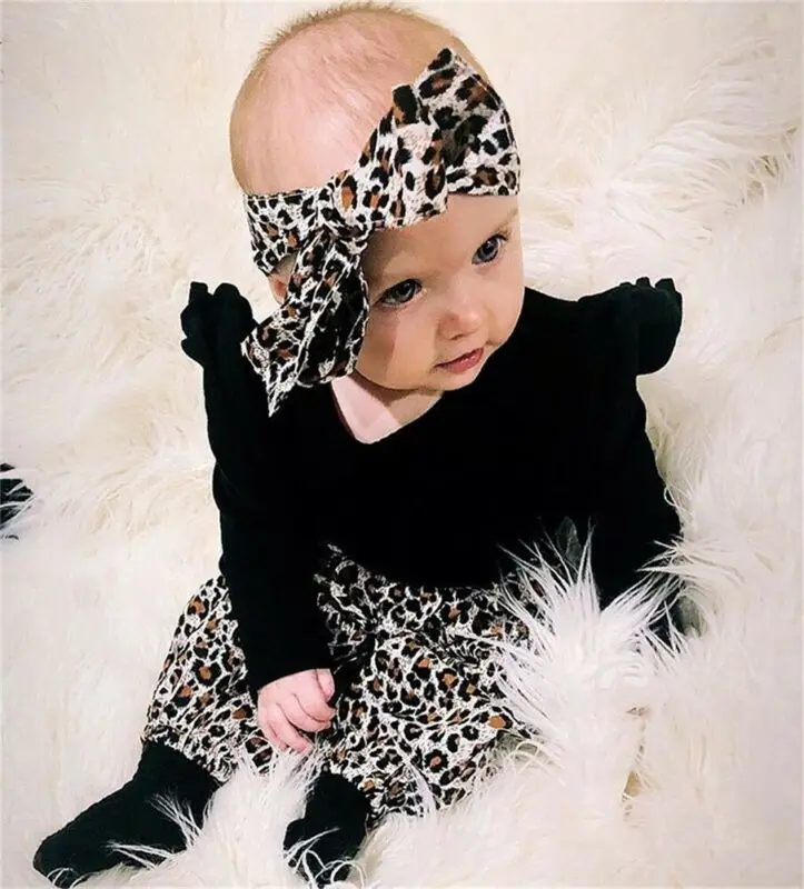 Autumn 3Pcs Toddler Kids Baby Girl Black Long Sleeve Romper Top Legging Leopard Pants Headband Infant Outfit | Мать и ребенок