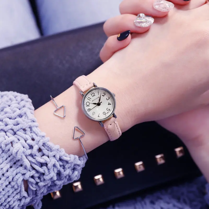 Корейские Модные Простые ретро маленькие круглые женские часы с ремешком