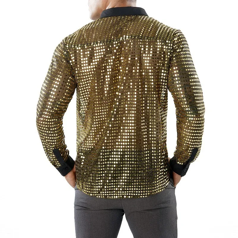 

2019 New Men's Sexy Sequin Transparent Shirt Black See Through Shirt Male Long Sleeve Nightclub Shiny Gold Shirt S-2XL