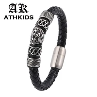new men lion head stainless steel genuine braided leather bracelet bangle with magnet clasp male jewelry gifts pd0072