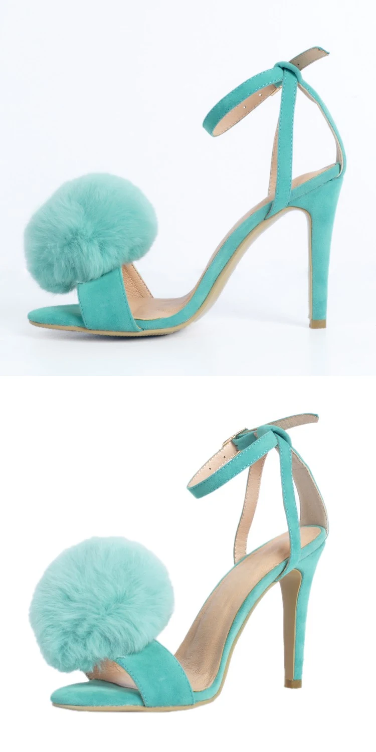 Fashion Turquoise Color Sweet Fur Ball Designer Hairball High Heel Sandals Women Ankle Strap Thin High Heel Dress Shoes Party