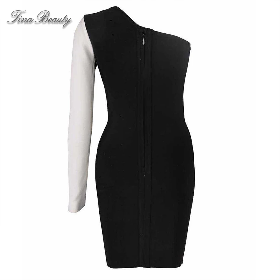 

Tina Beauty Women's Black One Shoulder Long Sleeve Mini Bpdycon Dress Zipper Embellished Match Color Side Slit Bandage Dress