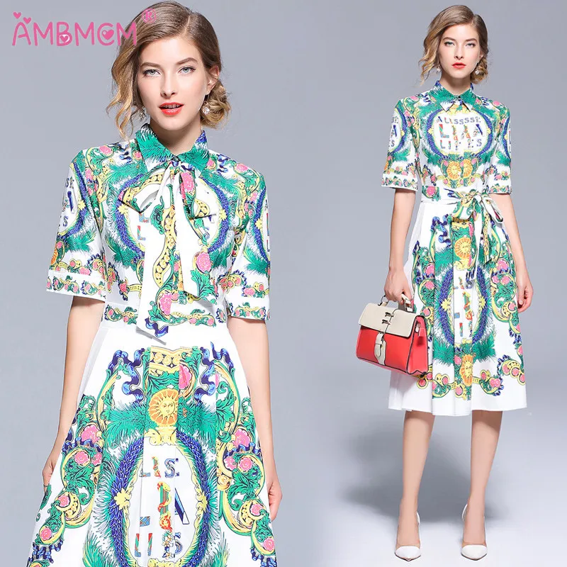 AMBMCM модные женские платья дизайнерский комплект Женский винтажный принт рубашка