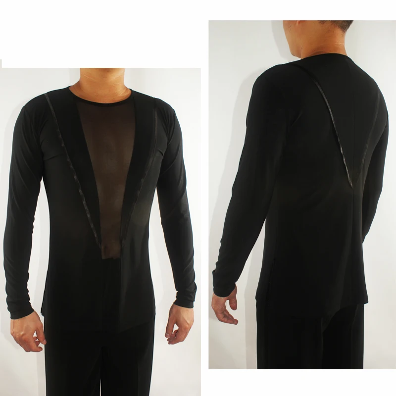 Black Latin Dance Shirt Men Ballroom Tango Competition Performance Wear Round Neck Cha Salsa Samba Clothes | Тематическая одежда и