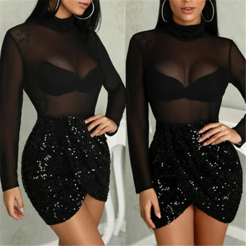 New Sexy Black Mesh Dress Women See Through Sequins Bodycon Long Sleeve Clubwear Summer Lady Evening Party Short MIni Midi | Женская