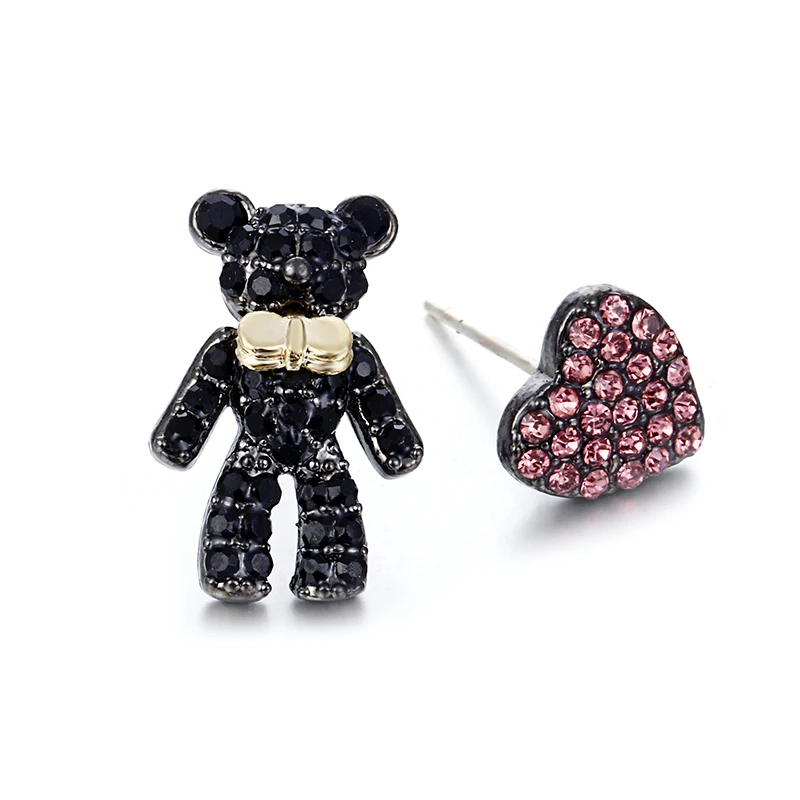 

100% 925 sterling silver fashion black bear red love heart asymmetry crystal ladies stud earrings jewelry female Christmas gift