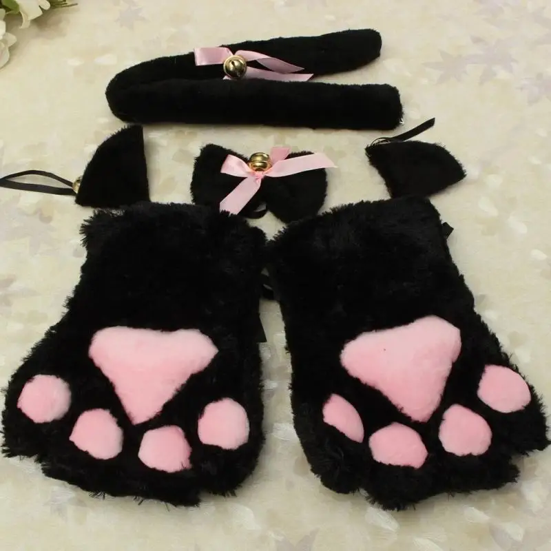 Kawaii милый котенок кошачьи уши Neko перчатки горничной лапы уши хвост галстук вечерние плюшевые лапы коготь аниме Cos кошки перчатки с ушками набор#1106