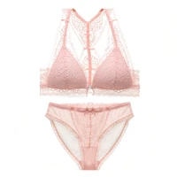 sexy lace pink bra and panty set padded lingerie wire free front closure plunge bra lace trim underwear women intimates