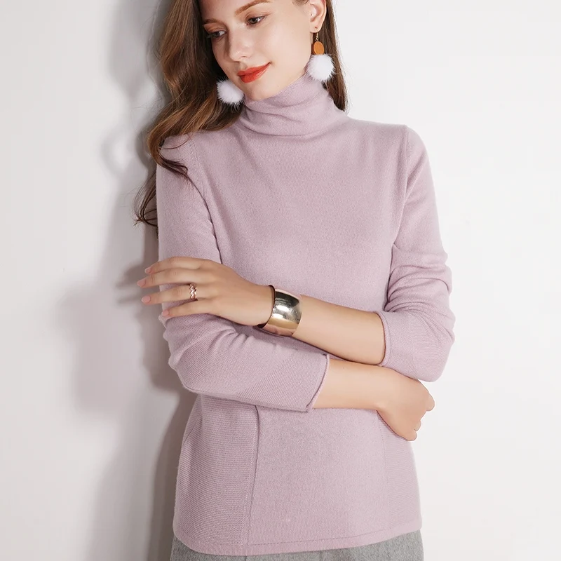 Autumn and winter high collar pure cashmere sweater solid color pullover fashion soft women's long-sleeved slim knitted | Женская