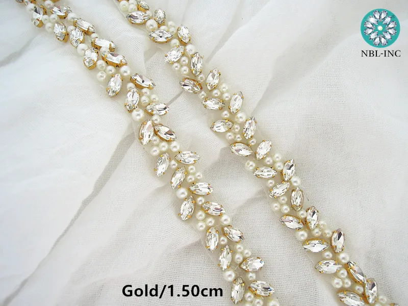 (10 ярдов) оптовая продажа жемчужная стразы аппликация отделка Золотой свадебный