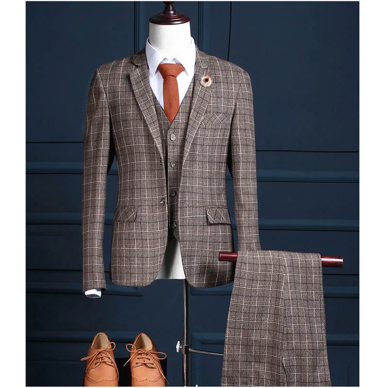 

FOLOBE Men's Custom Made Suits Sets British Slim Grid Design Suit Businessman Brown Blazer Mens Formal Suits Blazers+Vest+Pants