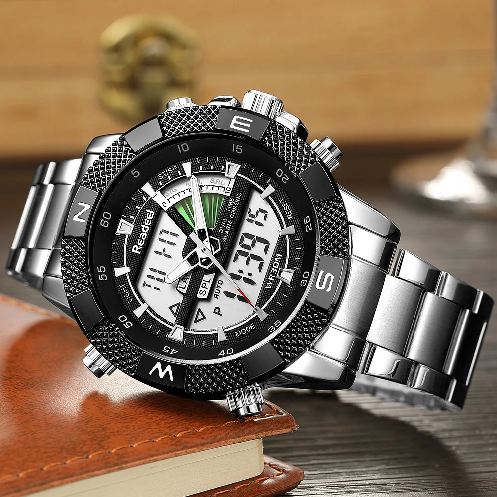 2018 Fashion Luxury Brand Watches Men Digital LED Dual Display Silver Black Stainless Steel Quartz Watch Relogio Masculino | Наручные