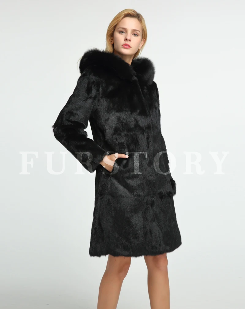 Fur Story натуральный кроличий мех пальто с лисой капюшон зима теплая большая толстовка натуральный Меховая куртка женская верхняя одежда 151254