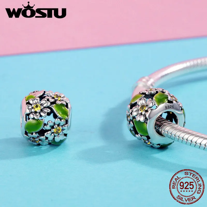 WOSTU, Новое поступление, 925 пробы, Серебряный цветок маргаритки, листья, шарм, бусины, подходит для браслета, сделай сам, изготовление ювелирных изделий, FIC490