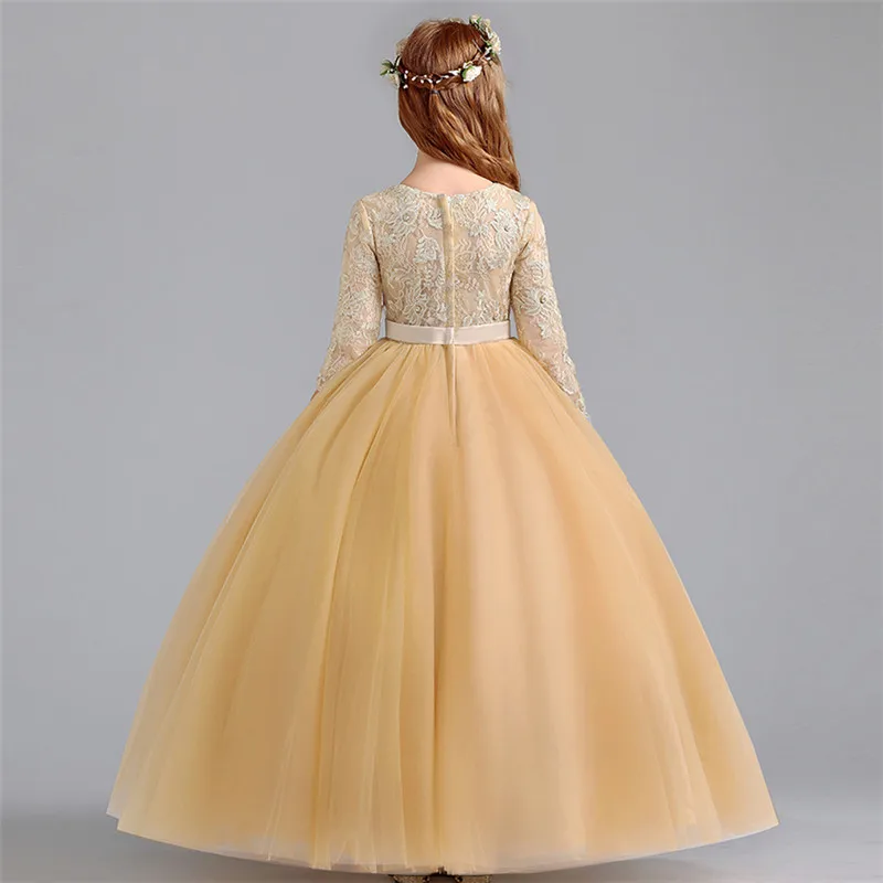 

Autumn Winter New Children Girls Luxury Golden Color Birthday Wedding Party Princess Mesh Dress Model Show Teens Host Prom Dress