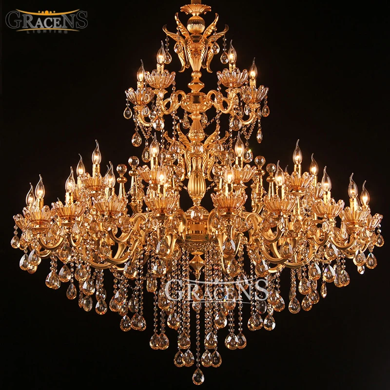 

Large Royal Golden Crystal Chandelier Lamp Lustres Cristal Suspension Project Lighting Hotel Resteruant Villa Luminaire Lights