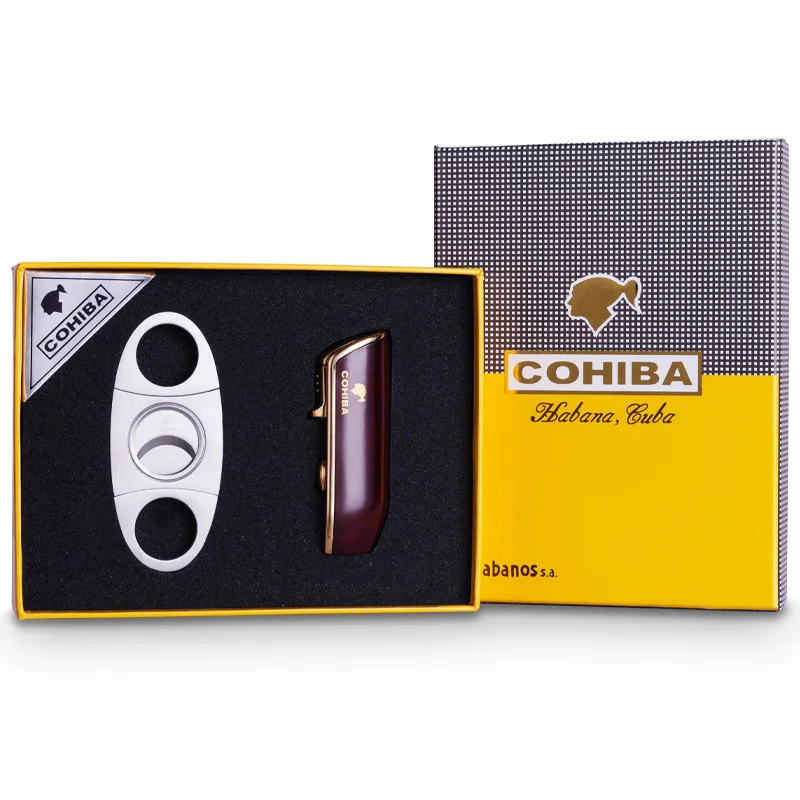 COHIBA металлическая ветрозащитная мини-карманная зажигалка для сигар 3 реактивного синего пламени зажигалки для сигарет с подарочной коробкой для сигарет с резцом