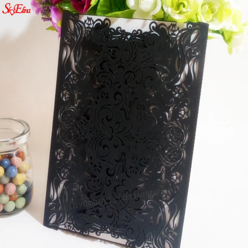 black 1/10/30 шт. роскошной флорой и лазерная резка, для свадьбы Приглашения карты элегантные свадебные конверты события вечерние Тип печати кружева предложить 6Z - Цвет: black