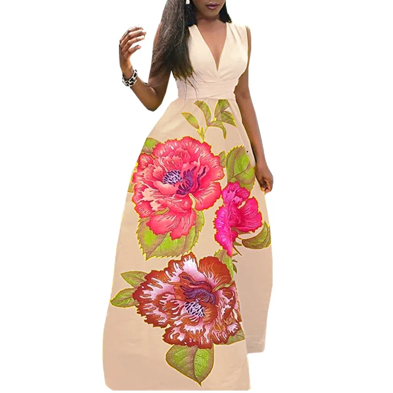 Повседневное платье макси с цветочным принтом глубоким v образным вырезом без