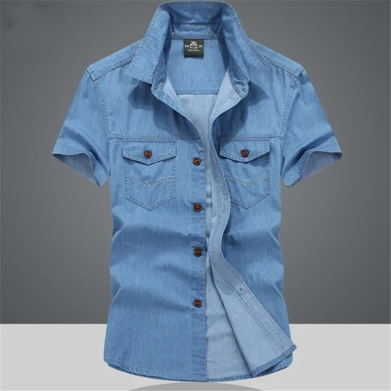 

Summer Male Nature Cotton Breathable Sweat Absorption Short Sleeve New Casual Shirt Britilsh Style Classic Denim Jeans Shirts