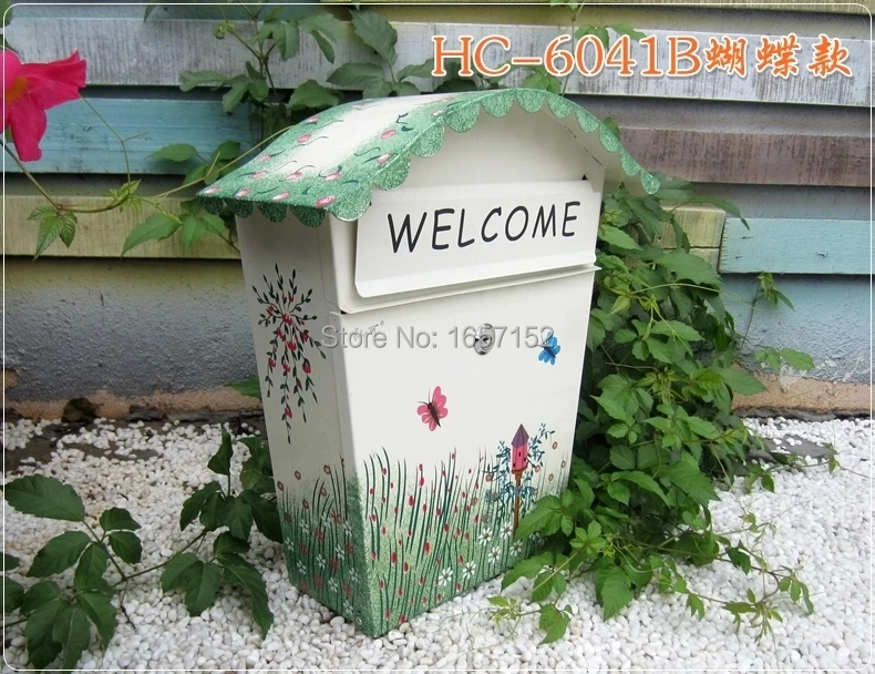 

Rustic color butterfly painting patterns large metal iron mailbox Wall Mount Metal Post Letters Box Thickening letter box