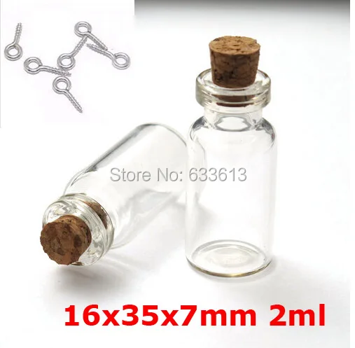 

100pcs/lot 16x35x7mm 2ml Tiny Clear Glass Bottle jars Charms Pendants with silver/gold/bronze cork Eyehook 1ML perfume bottle