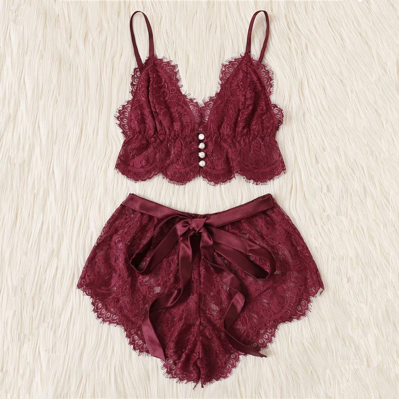 SHEIN Модная Пижама Цветочный Кружевной Комплект Женский Летний Бордовый Сексуальный Короткий Топ И Шорты Комплект Пижамы