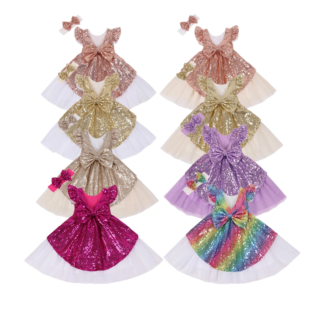 Flower Girls Sequin Dress Toddlers Tulle Tutu Summer Baby Backless Sundress Party Bridesmaid Pageant with Headband | Детская одежда и