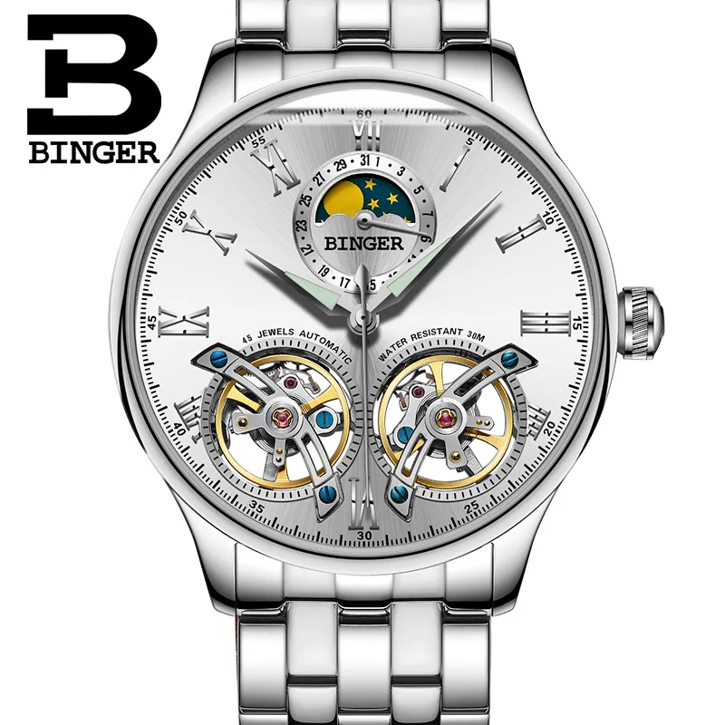 Карнавал бренд для мужчин смотреть двойной Tourbillon механические полые мужские наручные часы Moon Phase календари световой обувь для мальчико