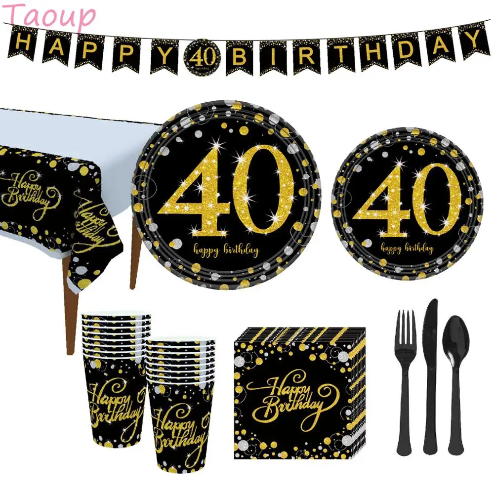 

Taoup Gold 40 Disposable Tableware Towel Plate Tablecover Cups Disposable Party Tableware 40th Birthday Party Decors for Parents