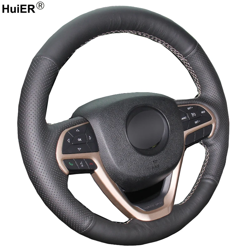 Чехол на руль автомобиля HuiER ручной работы из дышащей черной кожи для Jeep Grand Cherokee