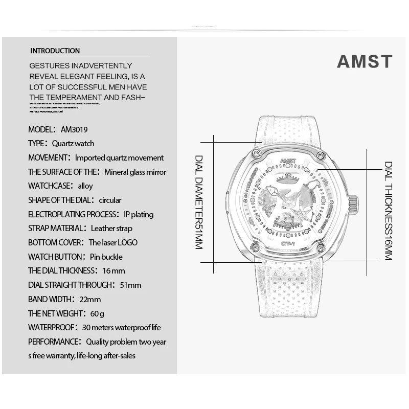 AMST мужские часы, кварцевые часы, мужские кожаные роскошные спортивные наручные часы, часы от ведущего бренда, Роскошные мужские часы