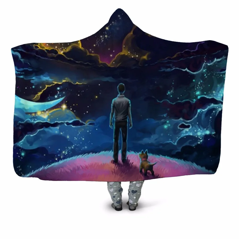 

Man and Dog 3D Printed Plush Hooded Blanket for Adults Youth Children Warm Wearable Fleece Throw Blanket Home Office Washable