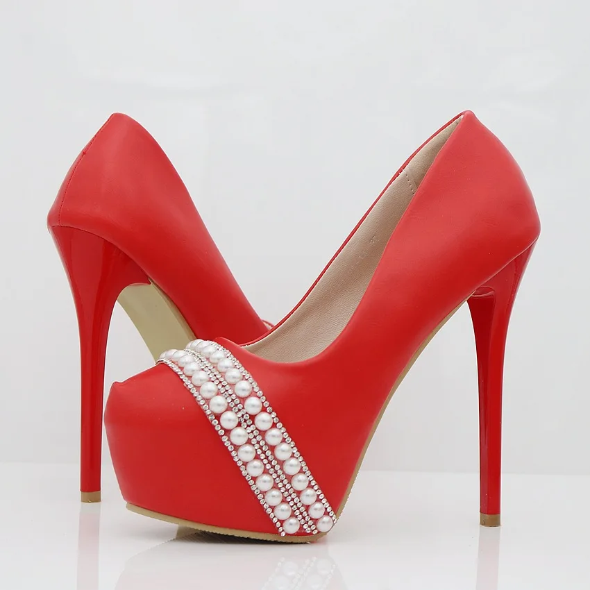

Women High Heels Round Toe Leather White Wedding Shoes Slip-On Beads Stiletto Heels 14cm Sexy Women Platform Pumps Shoes
