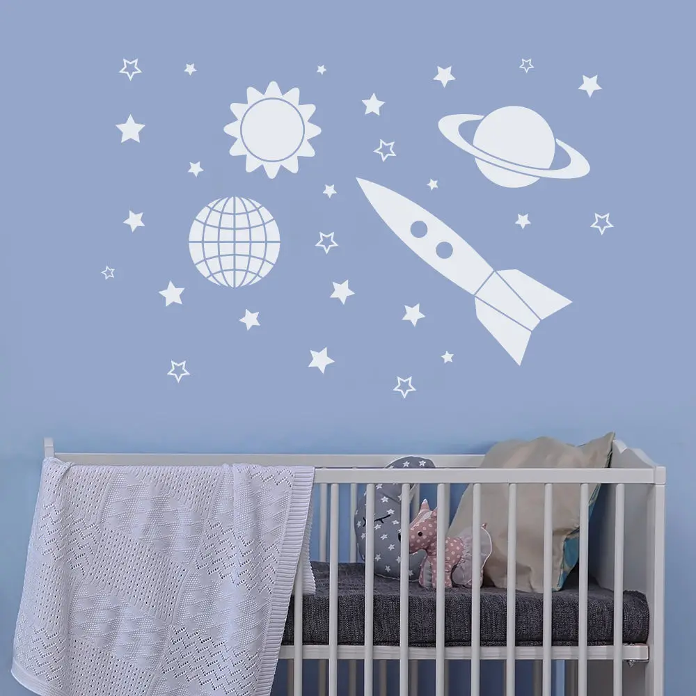 

Rocket Space Wall Stickers For Kids Rooms Vinyl Sticker Nursery Children's Bedroom Interior Design DIY Art Decals Mural LA756