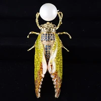 zlxgirl yellow and green beetle shape copper brooches for men gold color pearl classic wedding decoration enamel corsage pins