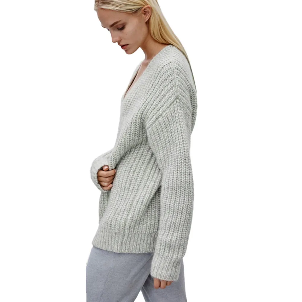 CHAMSGEND 2018 Fashion Women Sweater Solid Grey Deep V Neck Loose Casual Style Plus Size Long Sleeve Knitwear Female Pullovers | Женская