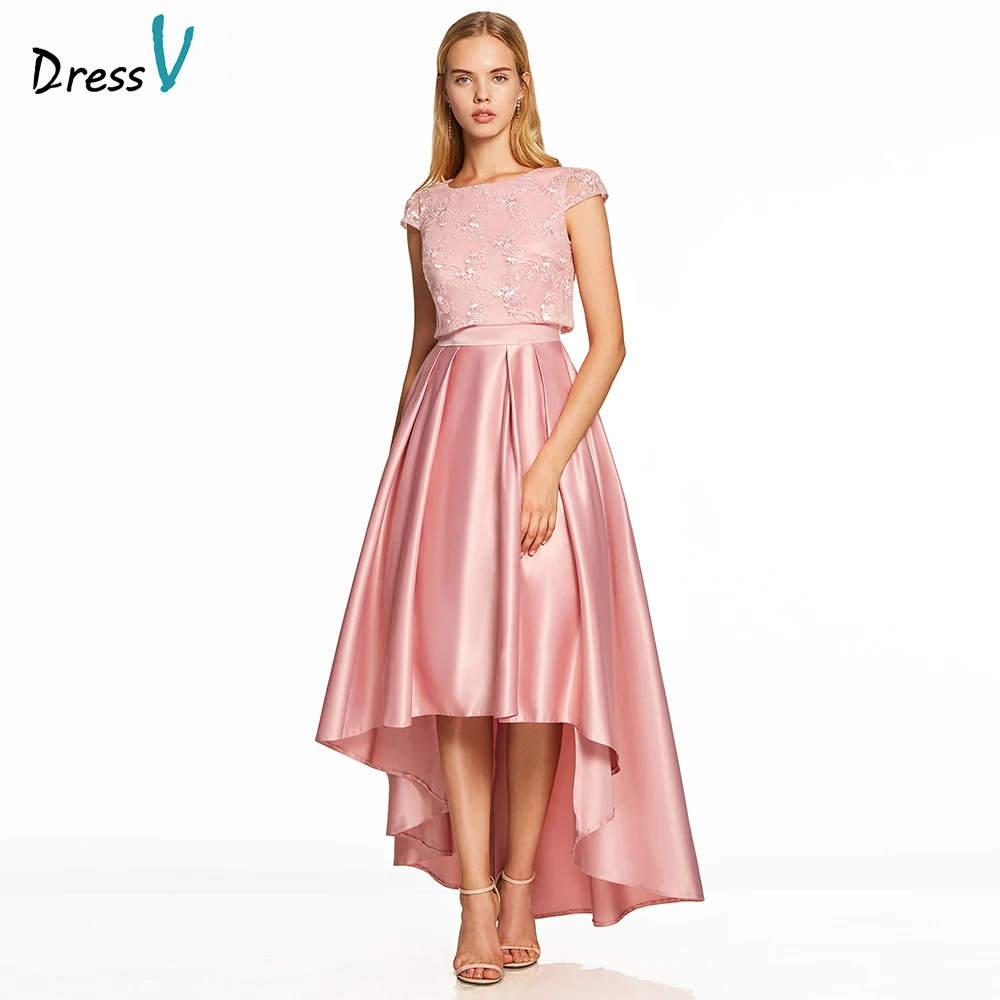

Dressv pink a line prom dress cheap elegant sample scoop neck cap sleeves asymmetry lace wedding formal party prom dresses