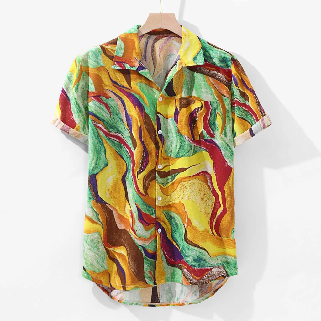 Мужская рубашка для отдыха Camisa, многоцветная, с нагрудным карманом, короткий рукав, круглый подол, свободные рубашки, блузка, Гавайские пляжные Топы