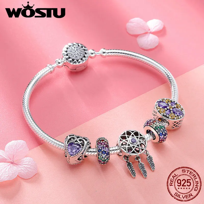 WOSTU, высокое качество, 925 пробы, серебряный, Ловец снов, красочный CZ браслет, браслет для женщин, роскошный S925 ювелирный подарок FIB809