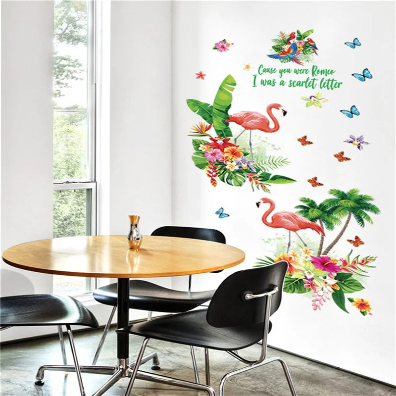 Розовые Фламинго зеленые Стикеры для растений на стену комнаты учебы украшение
