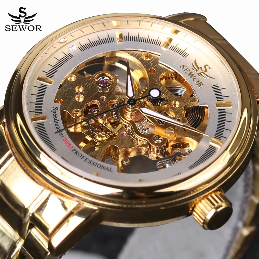 SEWOR 2016 мужские дизайнерские часы со скелетом полностью стальные механические